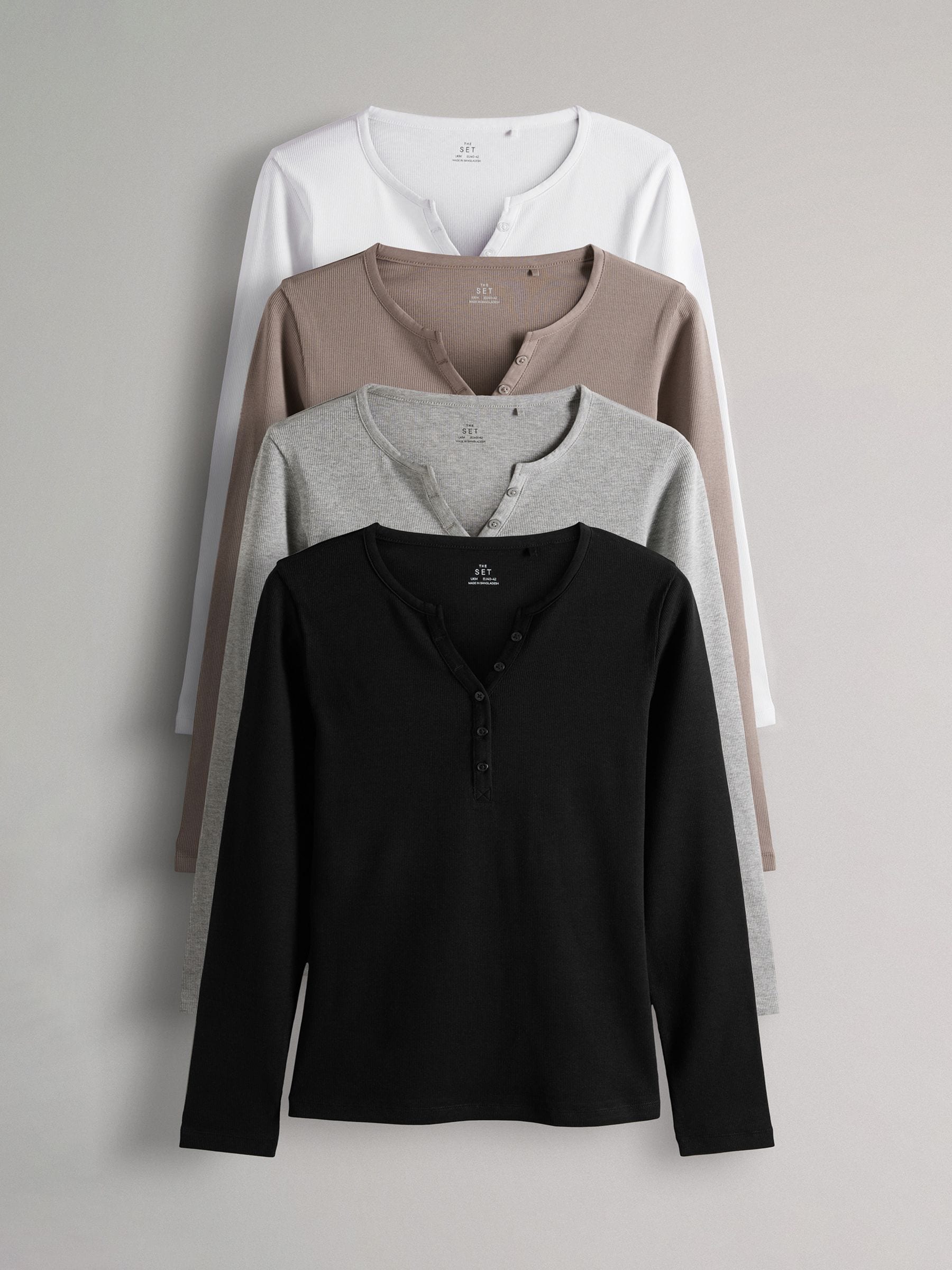 Zwart/wit/lichtgrijs/taupe bruin - The Set verpakking van 4 geribde Henley T-shirts met lange mouwen