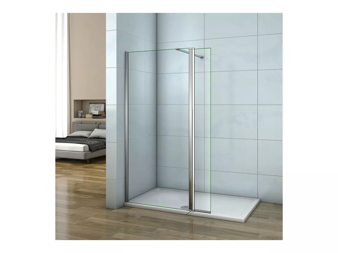 Paroi de douche à l'italienne 120+30x200cm avec retour pivotant - Verre 8mm trempé - Avec barre de fixation 90cm recoupable
