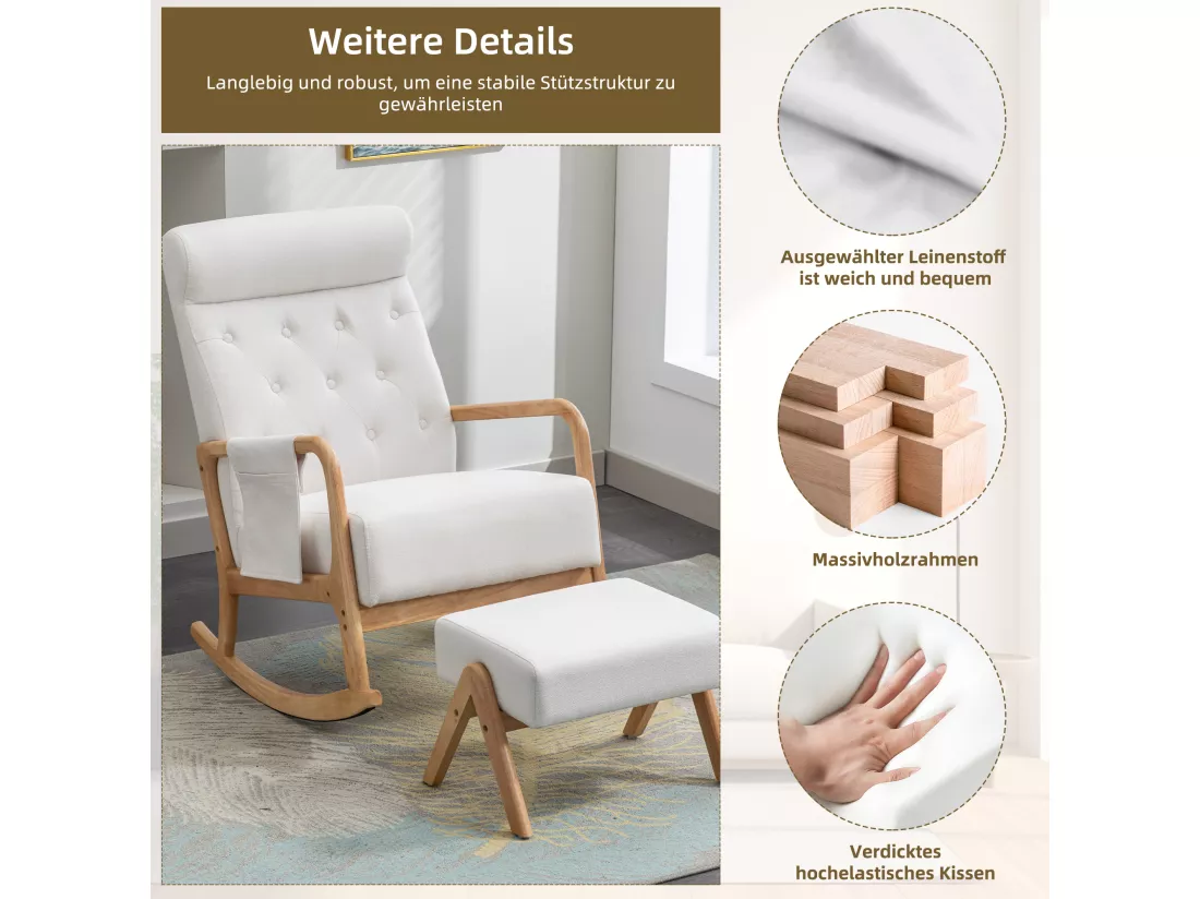 Fauteuil à bascule confortable avec ottoman, Rocking chair mousse avec rembourrage en lin, supporte 300 lb 65x85x94cm, Beige