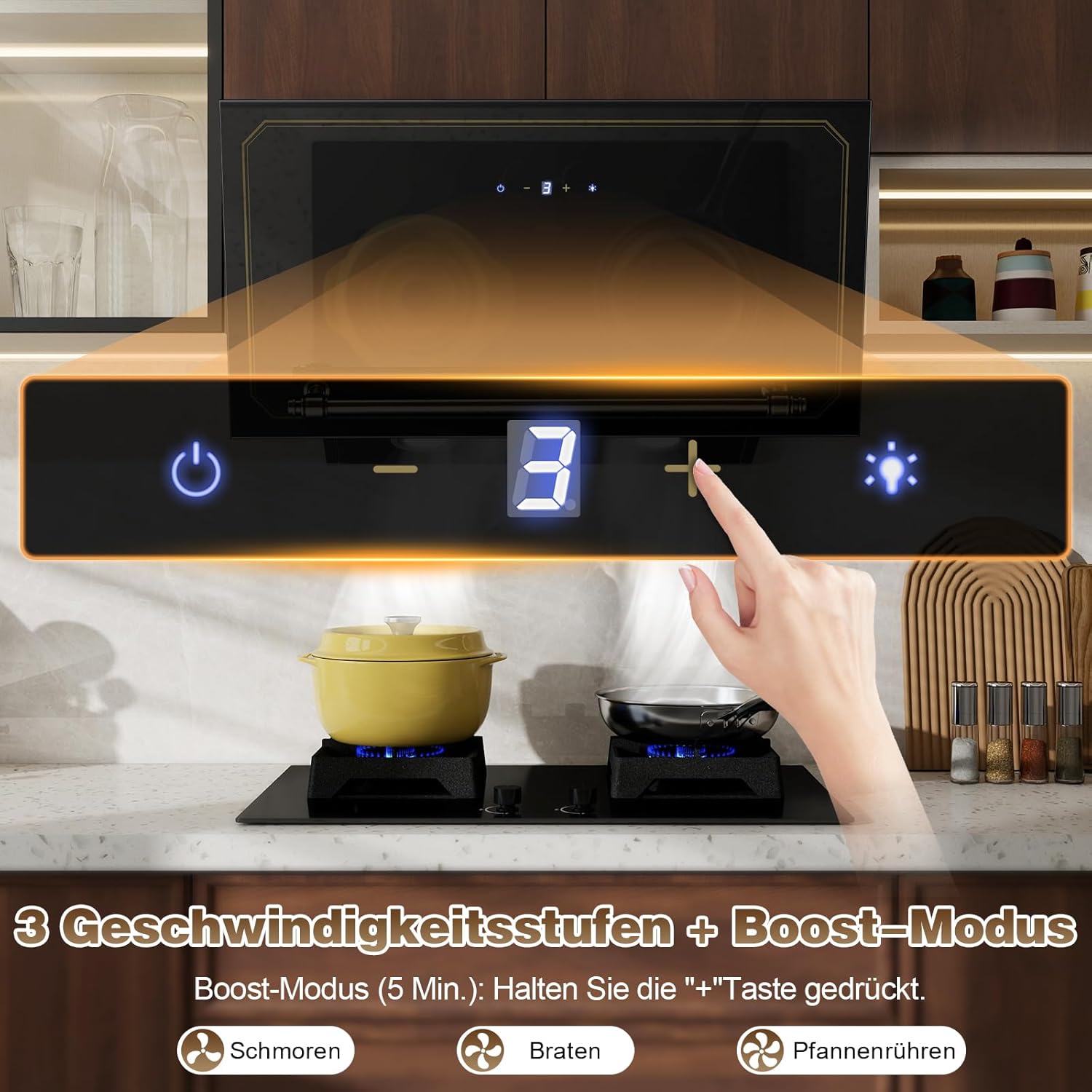 SNDOAS Dunstabzugshaube 60cm, Abzugshaube mit A+++ Energieeffizienz, Abluft/Umluft, 400 m³/h, 3 Stufen + Booster, Wandhaube mit Aktivkohlefilter, Gehärtetes Glas Touchscreen und LED, Schwarz/Gold