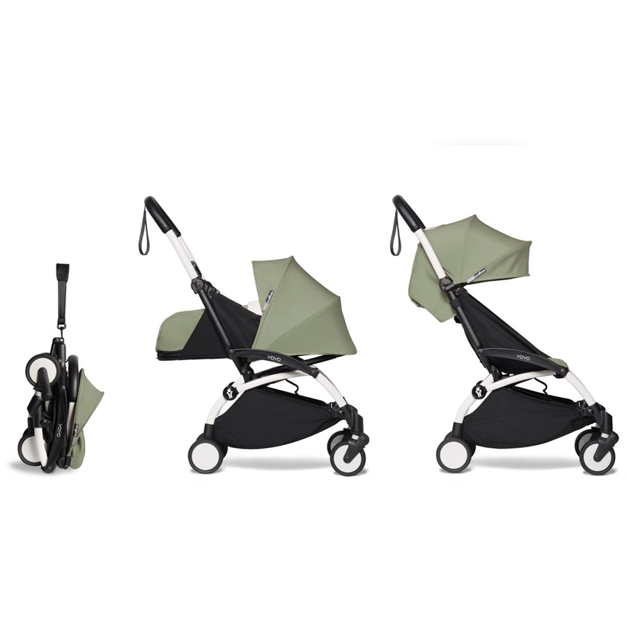 BABYZEN Kinderwagen YOYO2 0+ White mit Neugeborenenaufsatz undTextilset Olive
