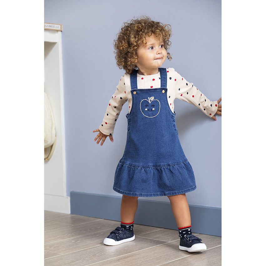 Robe à bretelles en denim avec broderie pomme pour bébé fille - Bleu