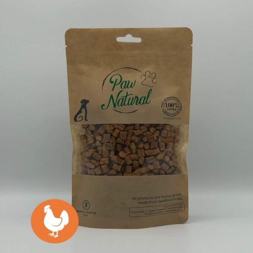 Petiscos naturais com sabor de frango da Paw para cães.