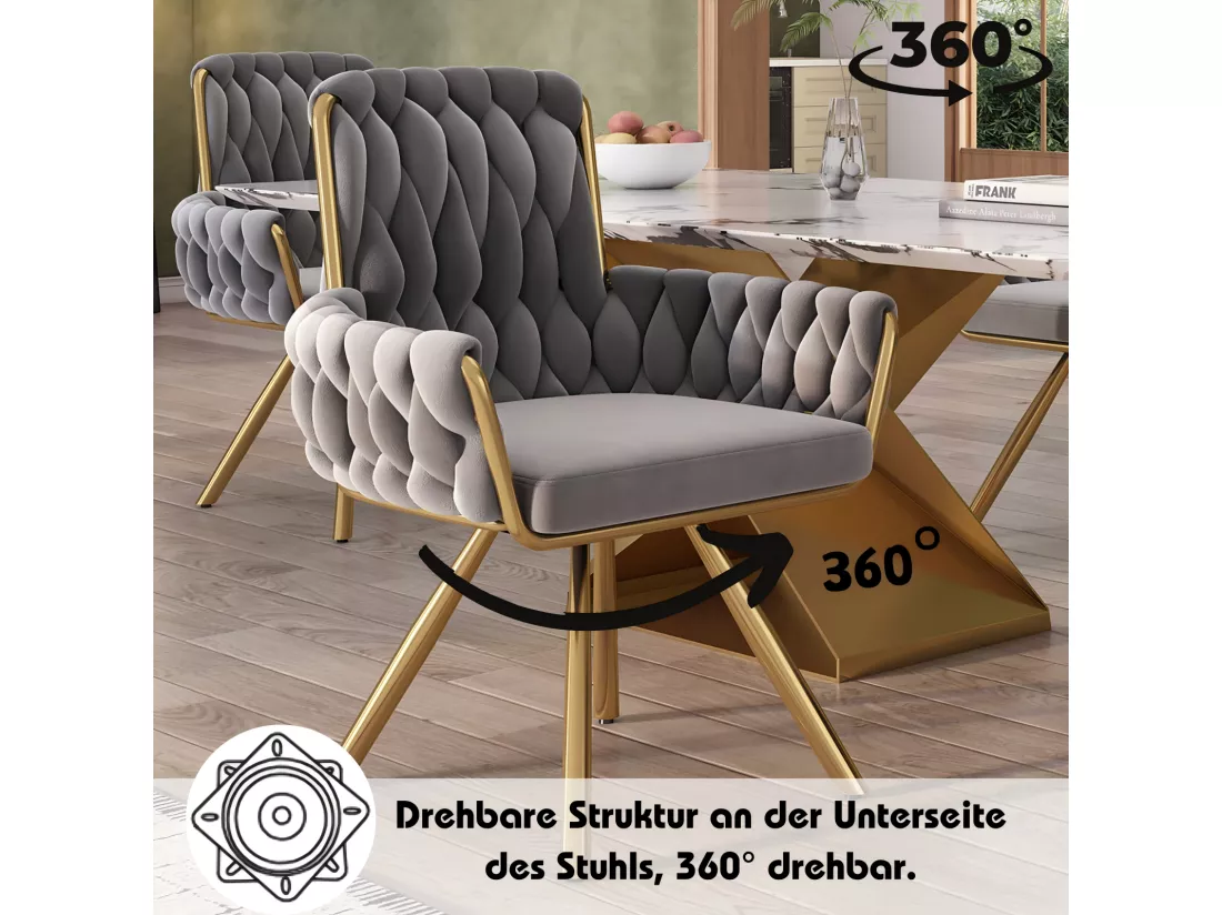 6Pcs Chaise pivotante en velours, avec accoudoirs et pieds en métal, dossier spacieux, Gris, 63x50x87cm