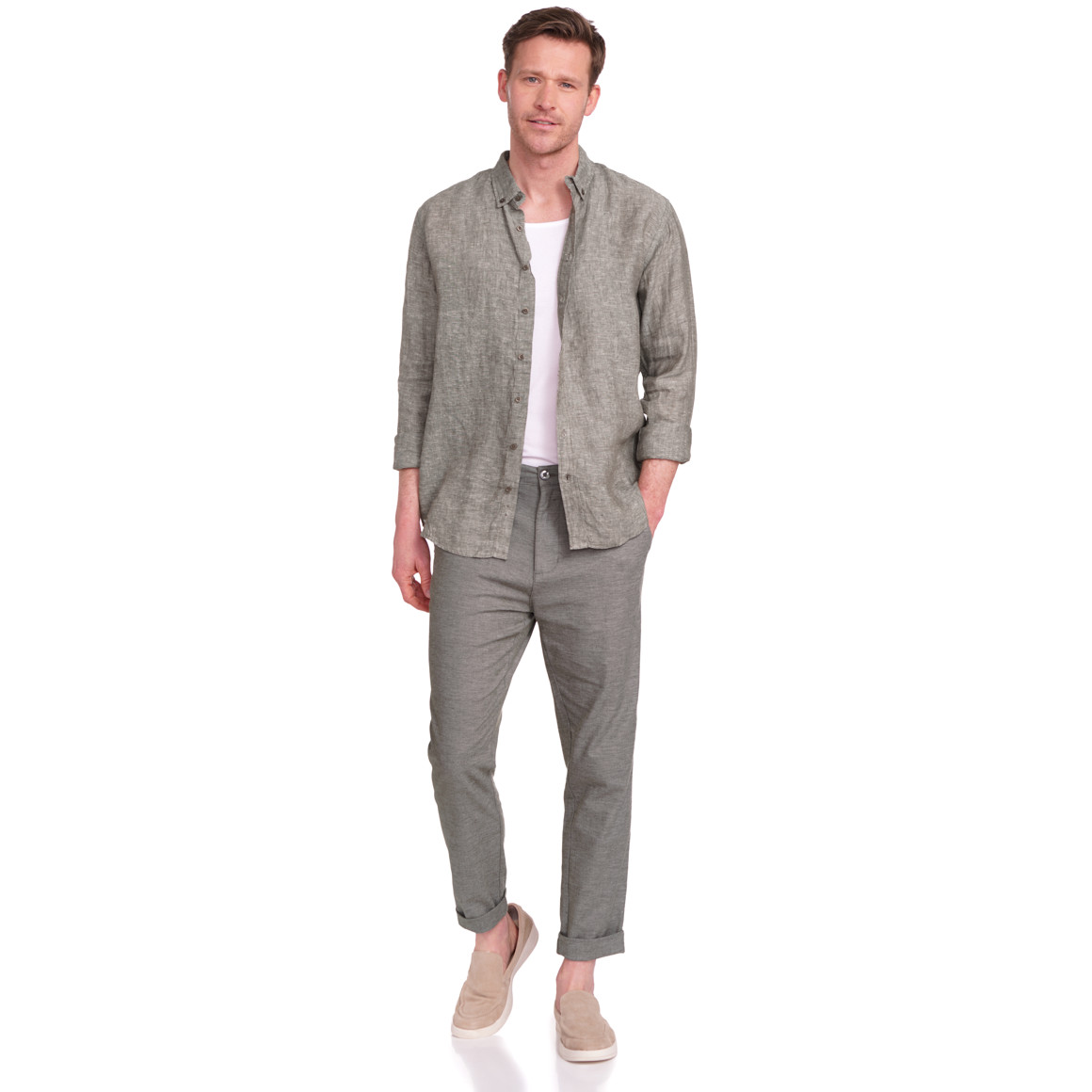 VanVaan Herren Leinen-Hemd mit Button-Down-Kragen grau