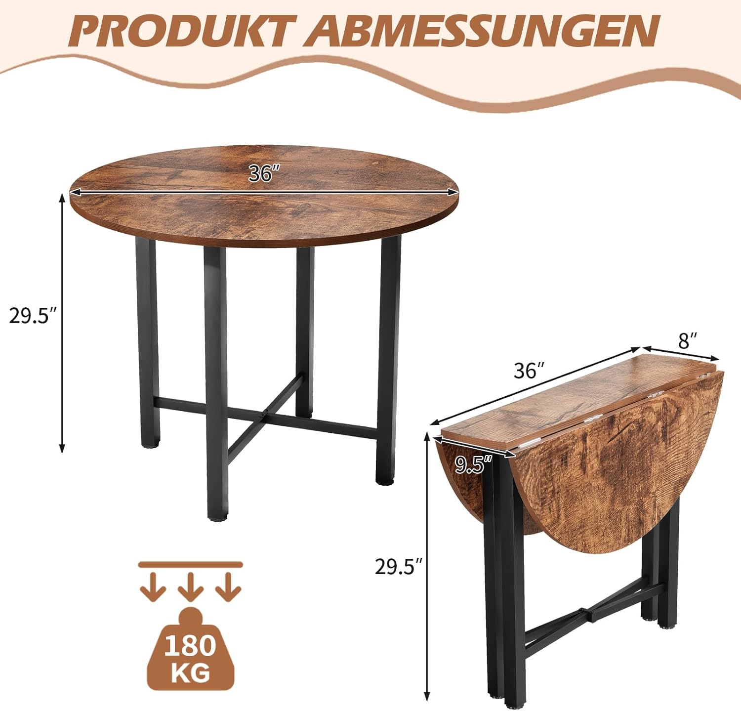 TWSOUL Runder Esstisch, Klapptisch, Kleiner Küchentisch für 2-4 Personen, 75cm Hohe Küchentisch Esszimmertisch, Verlängerungstisch, für Küche, Wohnzimmer, Büro ZY4999701
