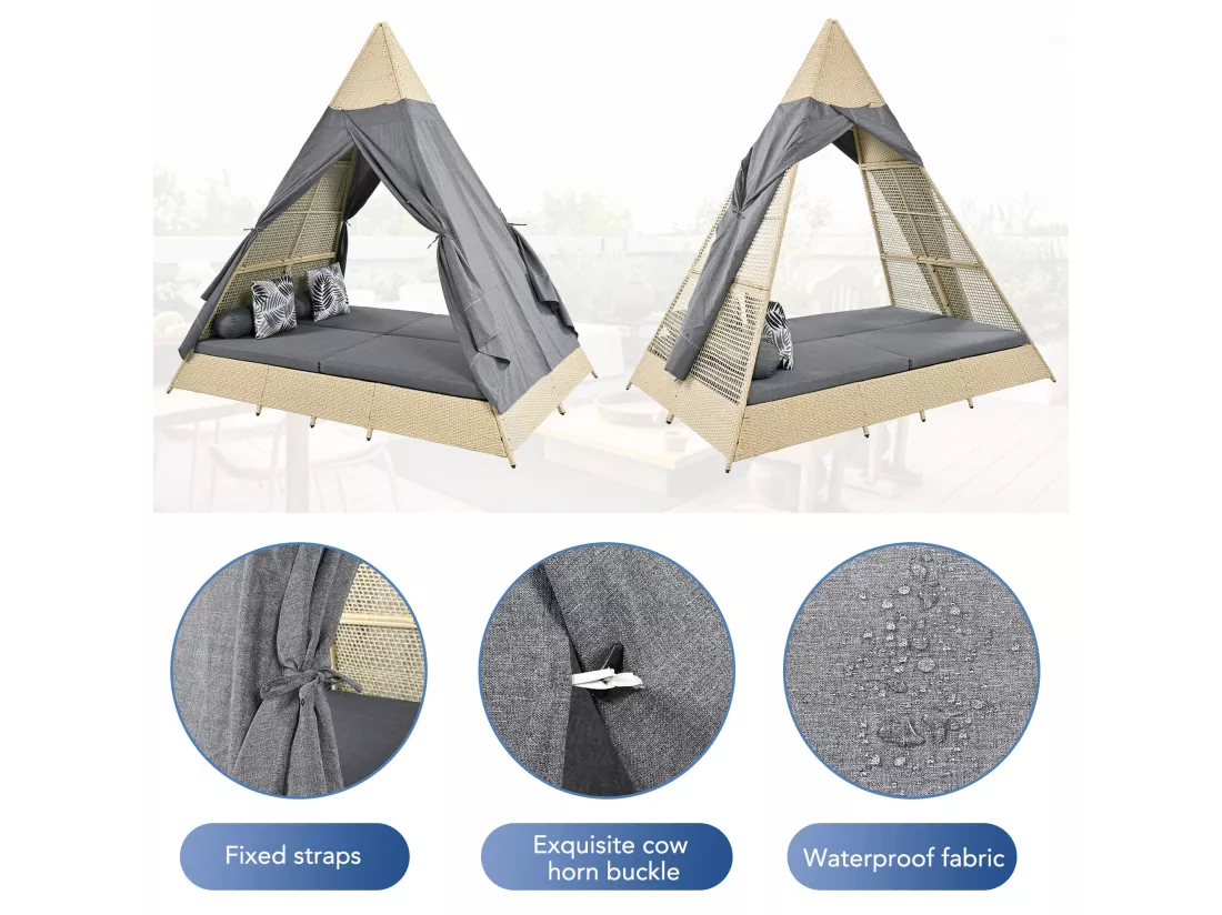 Lit de jardin à baldaquin 2 à 4 places - Rotin beige et rideau de porte gris - Coussins inclus - pour extérieur