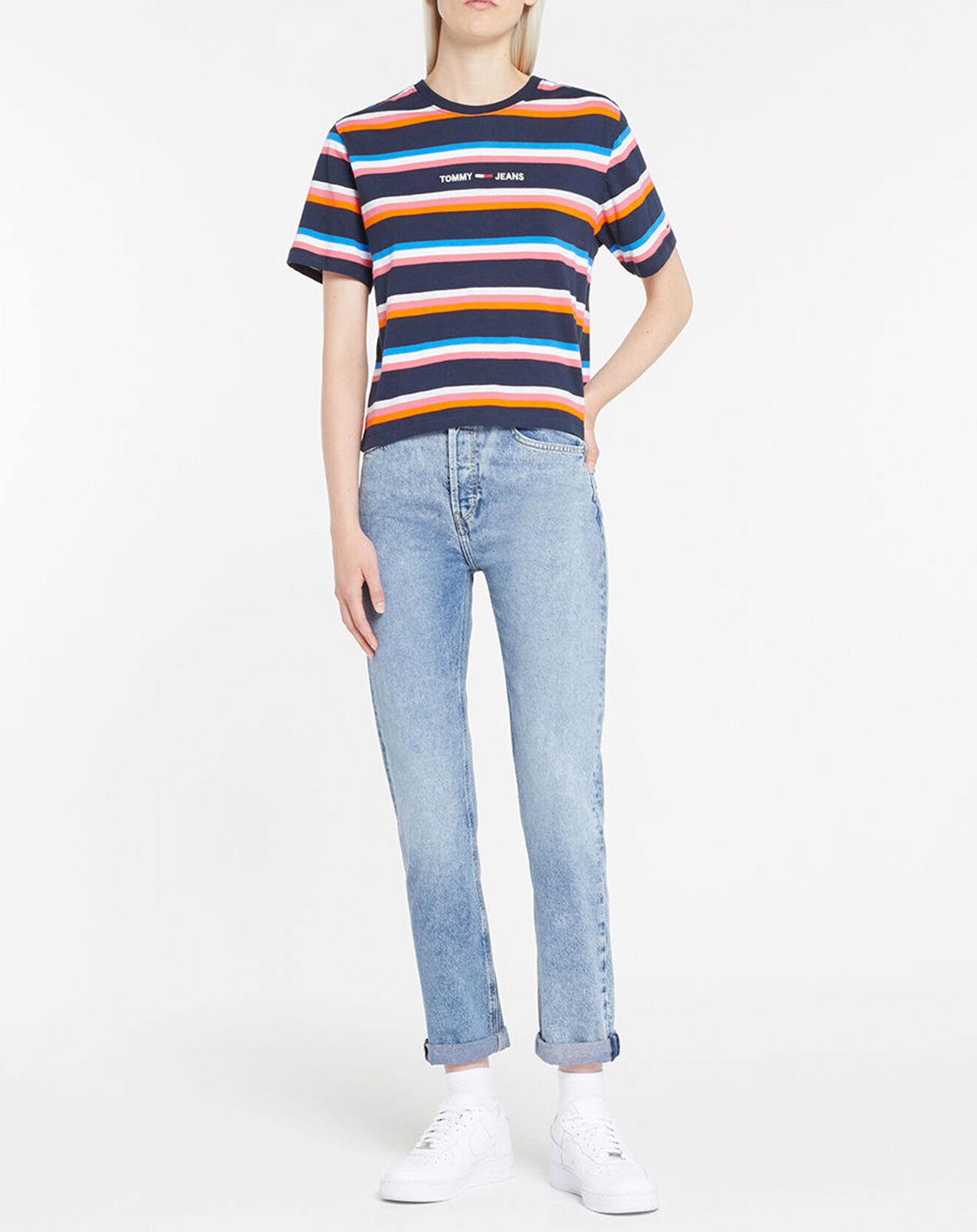Tommy Jeans T-Shirt 100% Coton Bio Crop Stripe multicolore