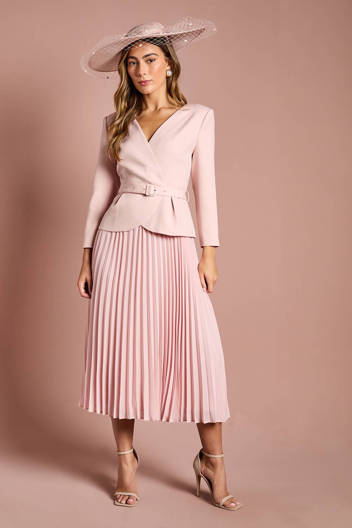 Coast Robe Midi Plissée à Manches Longues et Corsage en Crêpe