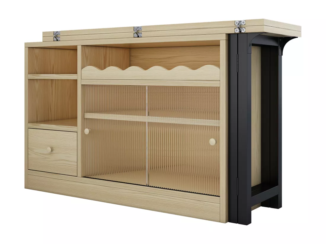 Meuble de bar、Buffet avec table pliante escamotable - grand espace de rangement - Naturel & Noir