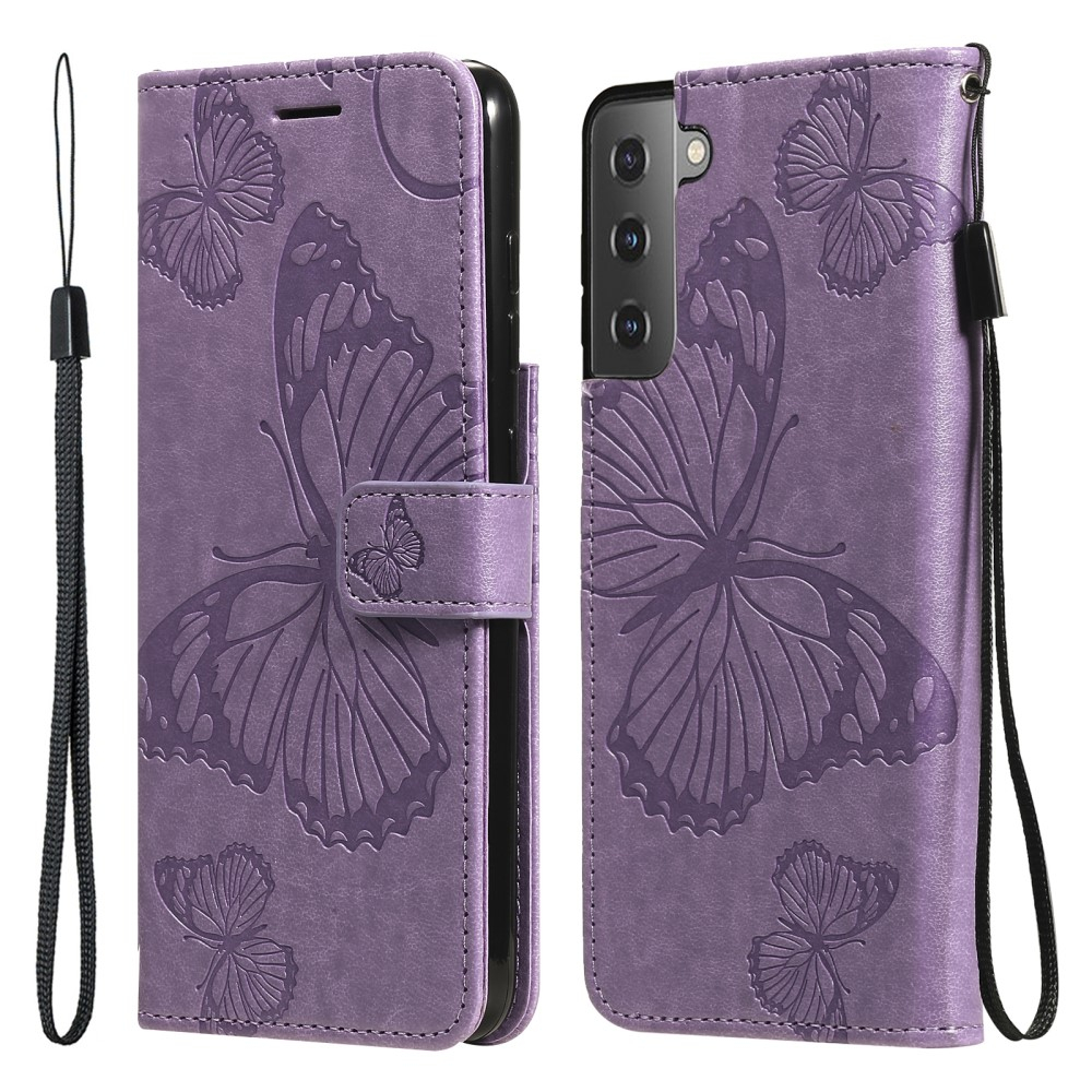 Samsung Galaxy S21 FE 5G Leder Tasche mit Kartenfach   Handschlaufe Schmetterling - Lila