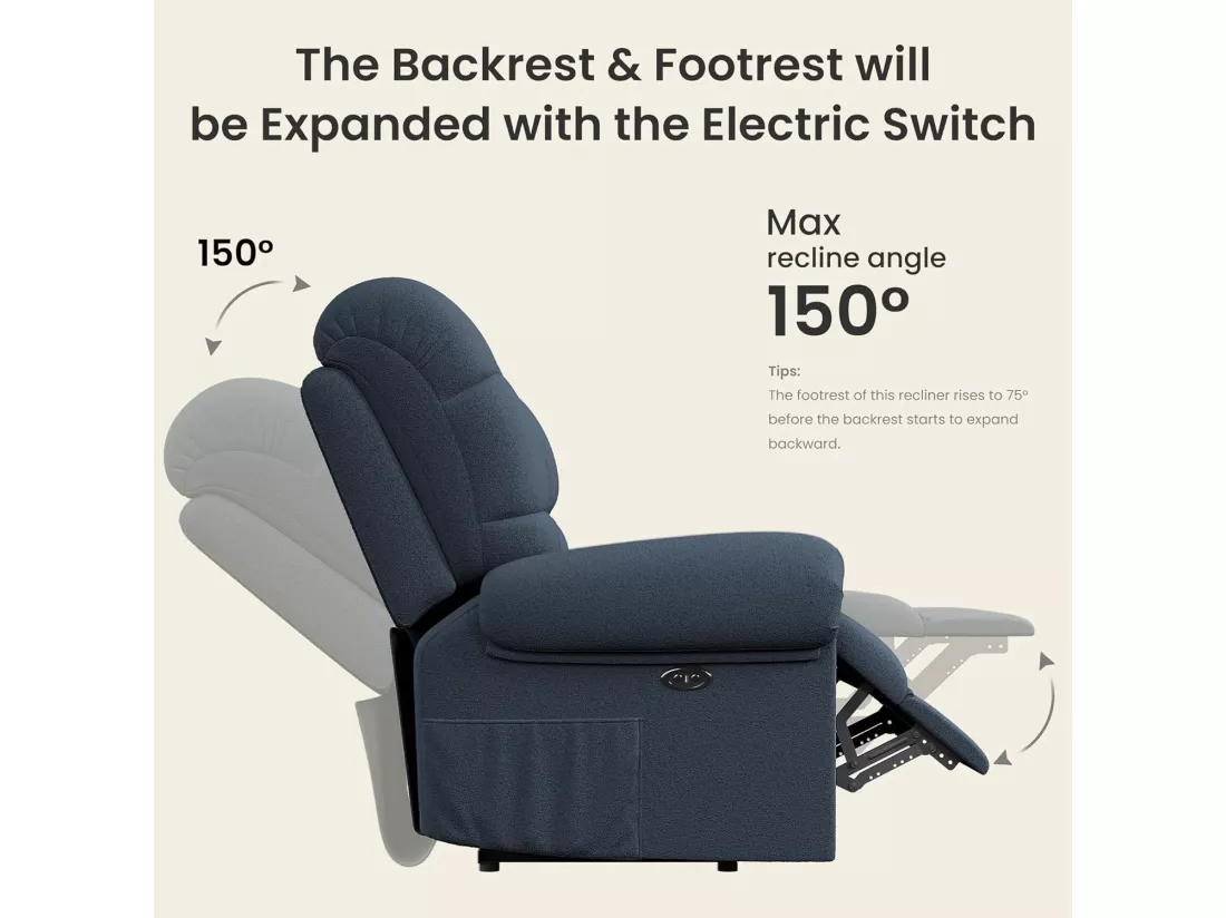 Fauteuil Relax électrique avec Repose-Pieds,Chaise salon en Velours Teddy,Fauteuil à loisirs Réglable,USB,Anti-statique,Confort,96x97x104cm Bleu Gris