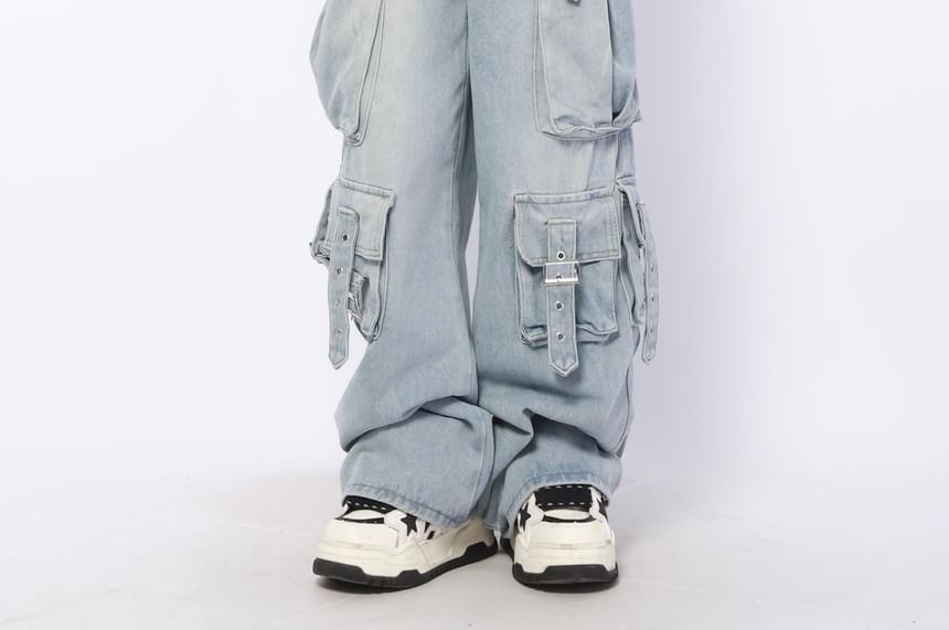 AXEN - Mid Rise Washed Buckled Wide Leg Cargo Jeans