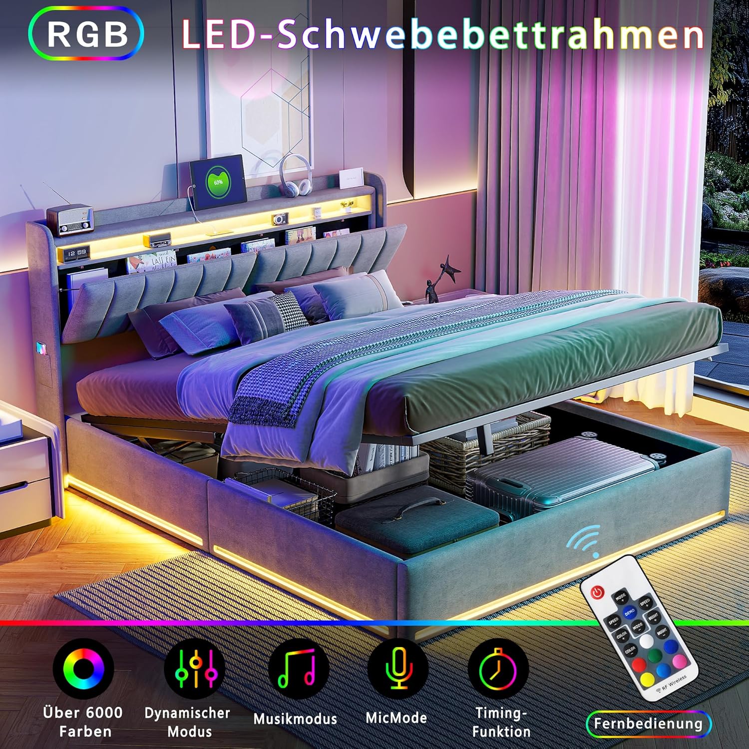 Polsterbett Doppelbett 140x200 cm, Hydraulisches Bett Stauraumbett mit LED & USB Aufladen, Funktionsbett Bettgestell mit Stauraum-Kopfteil&Lattenrost, Samt, Ohne Matratze Grau