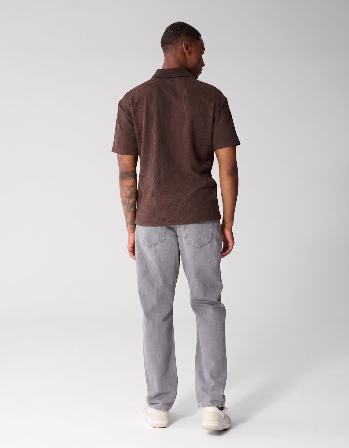Stripe Structuur Zip Polo Donkerbruin