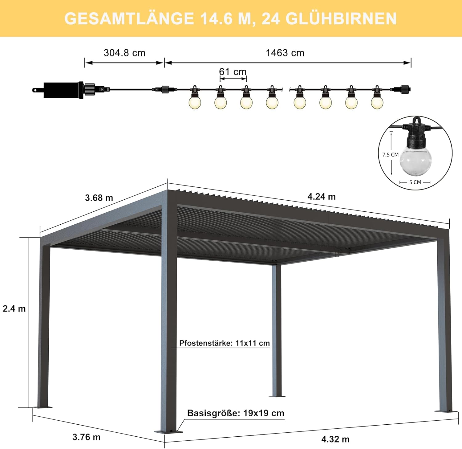 PURPLE LEAF Alu Lamellenpavillon 3.65 x 4.25 m mit 14.6 m 24 LED Kugel Lichterkette Pergola mit Verstellbaren Lamellendach Terrassenüberdachung Wasserdicht Stabil Lamellenpergola für Terrasse, Grau