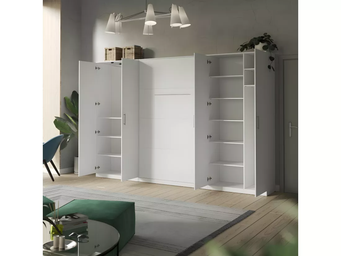 Lit escamotable +2 Placards Vertical 140x200+(100x2)cm Lit Rabattable Lit Mural Standard Blanc/blanc