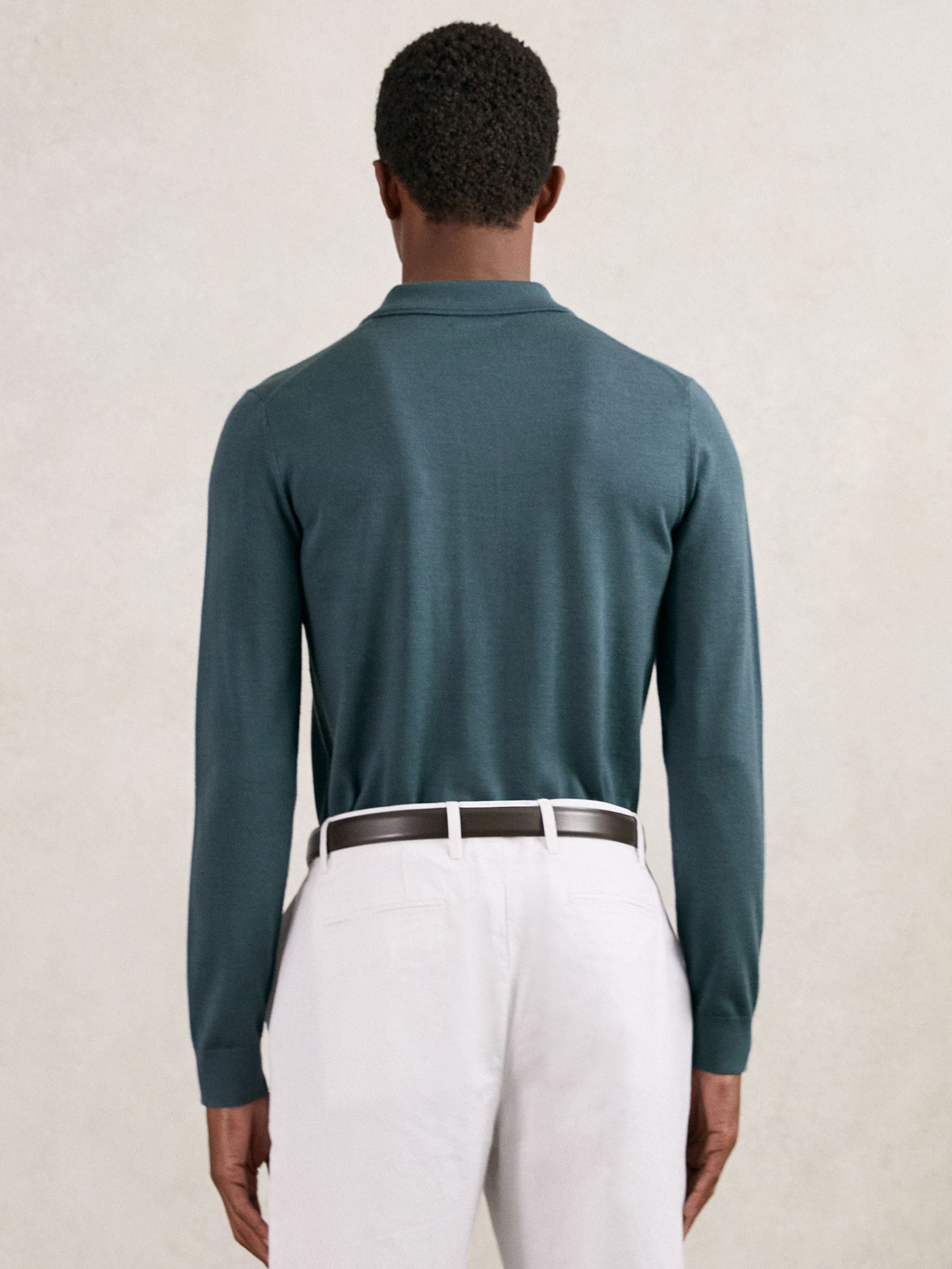 Blauwe Orion - Reiss Trafford poloshirt met lange mouwen van merinowol