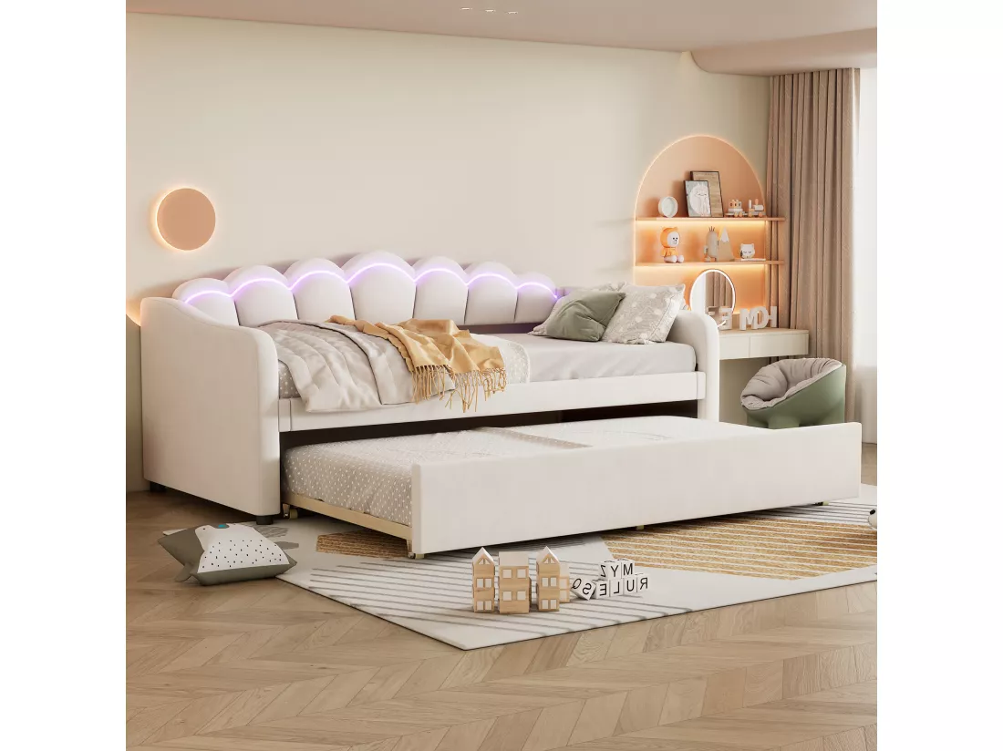 Lit gigogne 90 x 200 cm + lit 90 x 190 cm, canapé-lit - velours - LEDs - coloris beige (sans matelas)