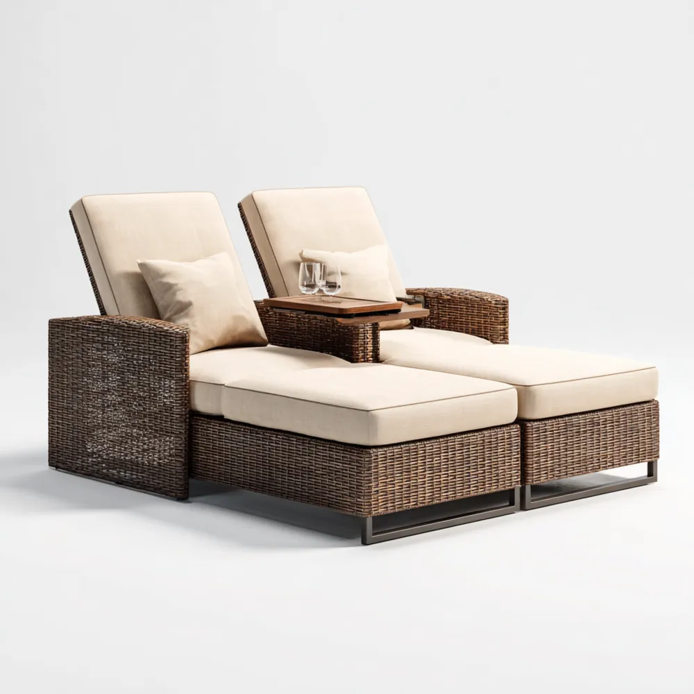 Doppelte Gartenliege Rattan 200x150x40 cm – Braun/Beige – Verstellbare
