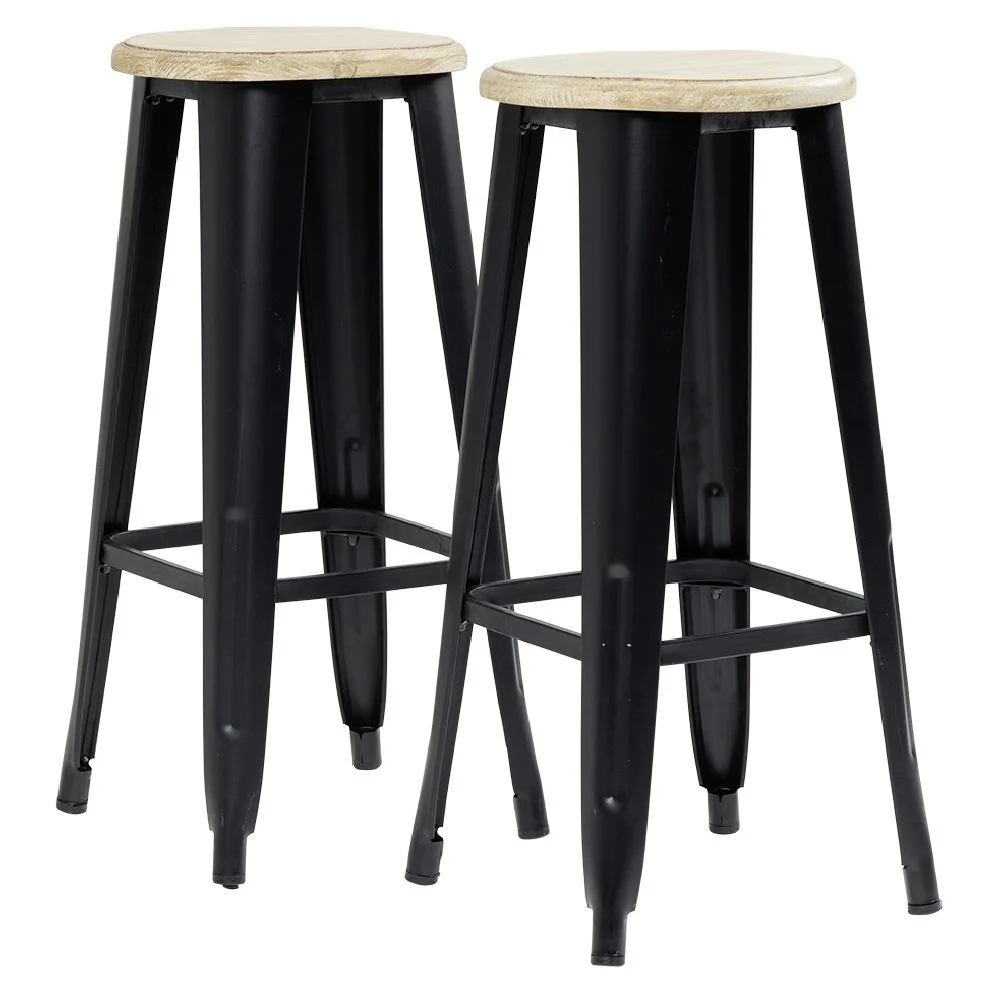 Tabouret de bar New York métal noir avec assise en pin naturel x2
