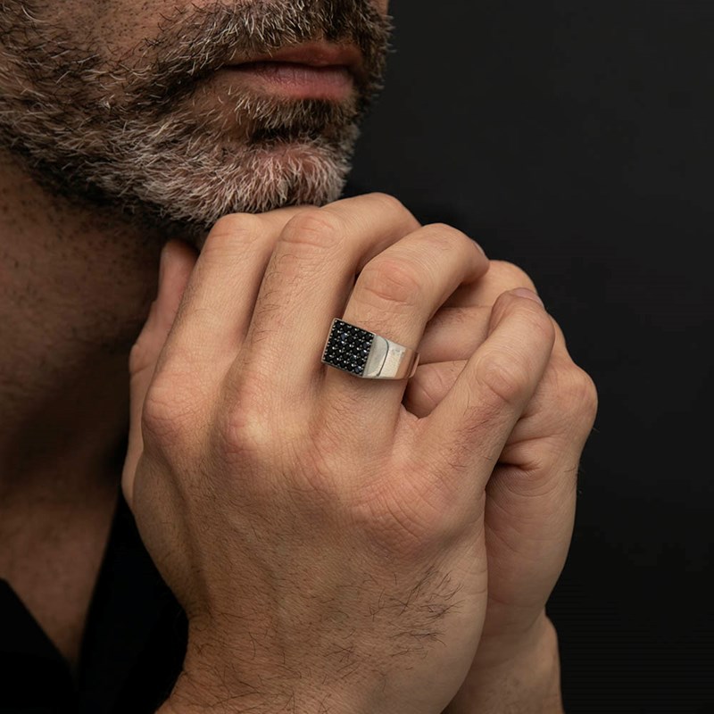 Chevalière Homme Argent Pavée Pierre Noire