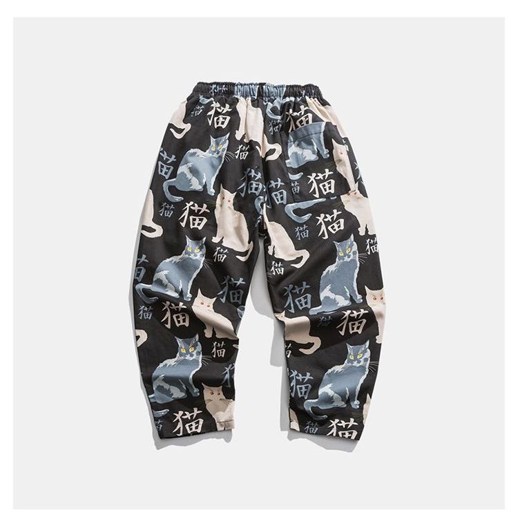 Aozora - Cropped broek met trekkoord en kattenprint