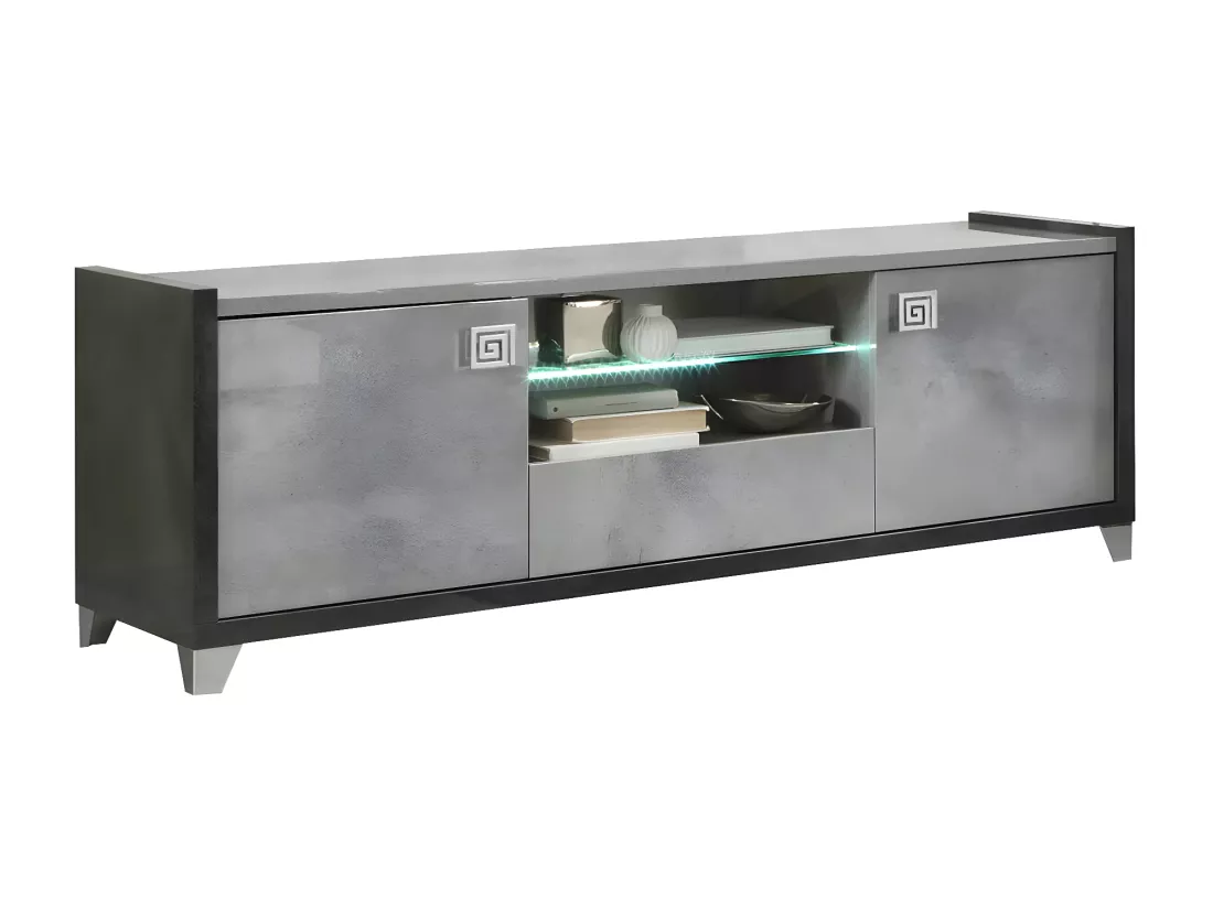 HOFFMAN - Meuble TV 2 Portes 160cm Gris Aspect Pierre avec Led