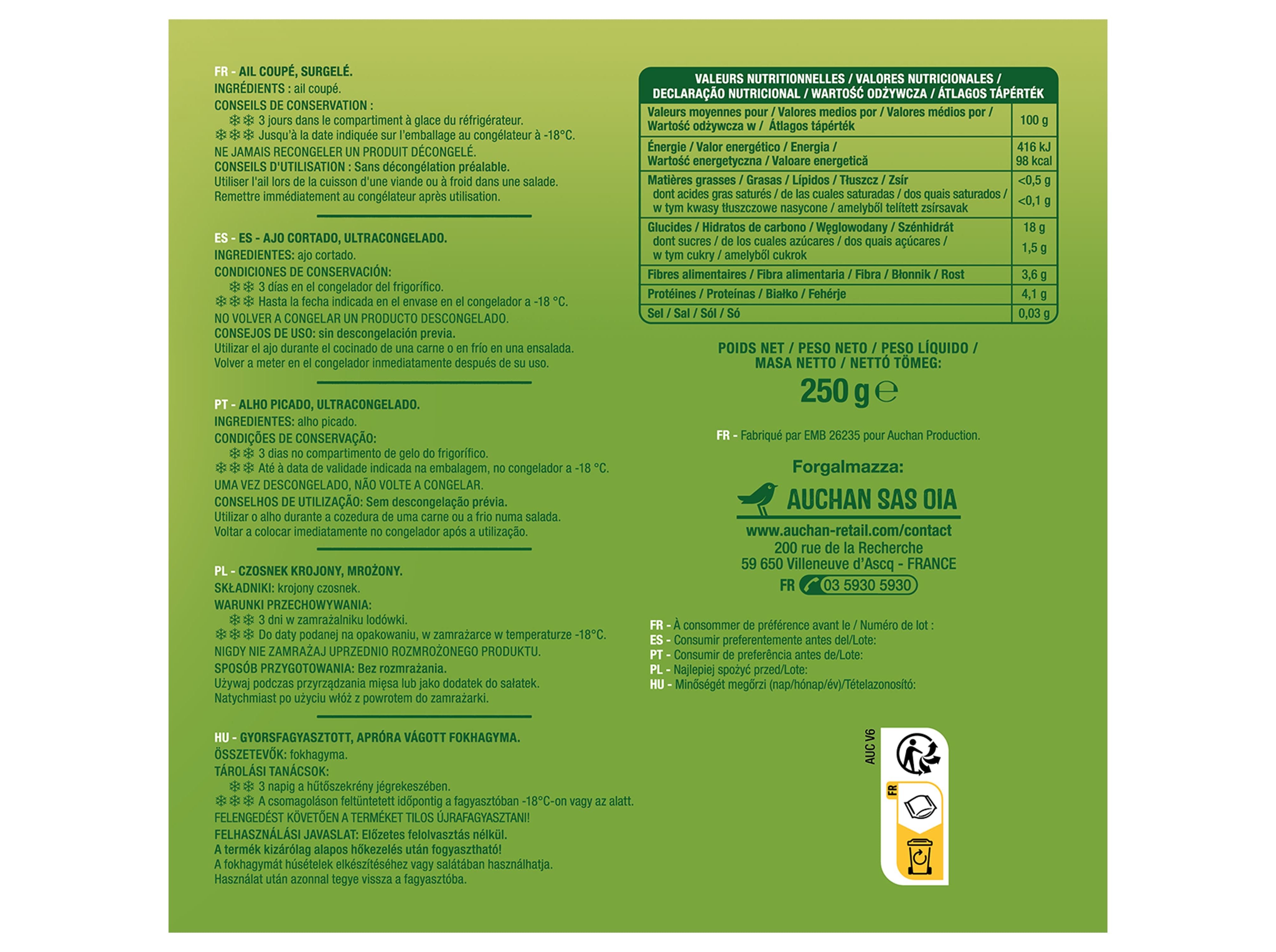 ALHO AUCHAN PICADO 250G