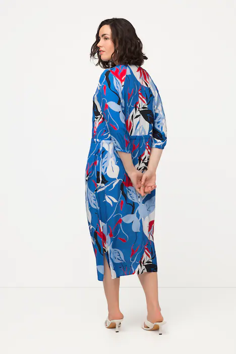 Kleid, V-Ausschnitt, Tunnelzug, 3/4-Arm, mittelblau