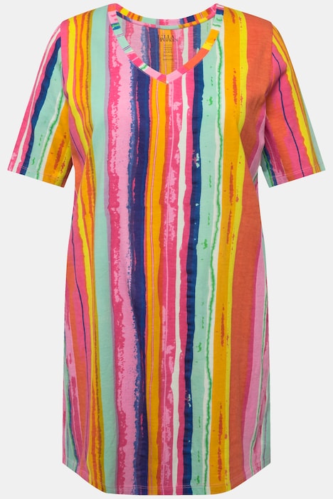 Longshirt, farbige Streifen, A-Linie, V-Ausschnitt, Halbarm