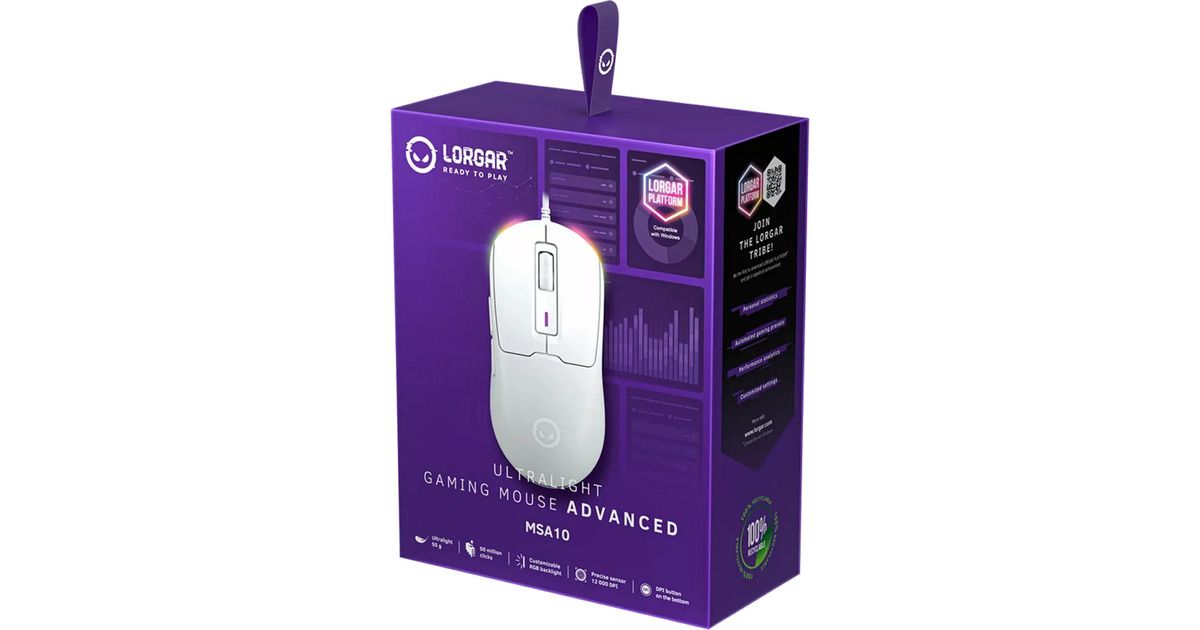 LORGARMSA10 gaming muis  (Wit, 100 - 12000 dpi, Ultralight, RGB)