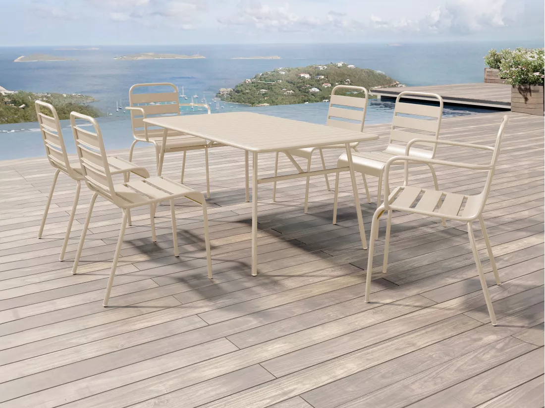 Salle à manger de jardin en métal - une table L.160 cm avec 2 fauteuils empilables et 4 chaises empilables - Beige - MIRMANDE de MYLIA