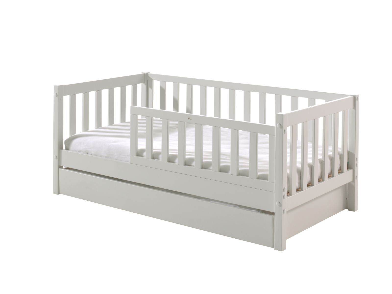 Kinderbett - weiß lackiert - Umrandung - Rolllattenrost - Bettschublade - 70x140 cm