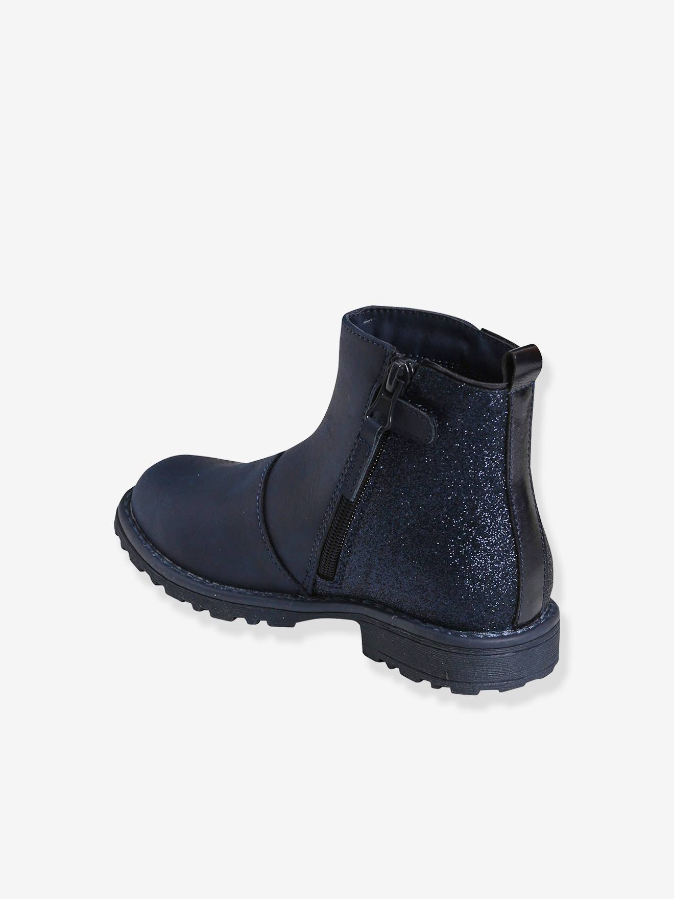 Botas de cano curto com glitter, azul escuro liso, para meninas.