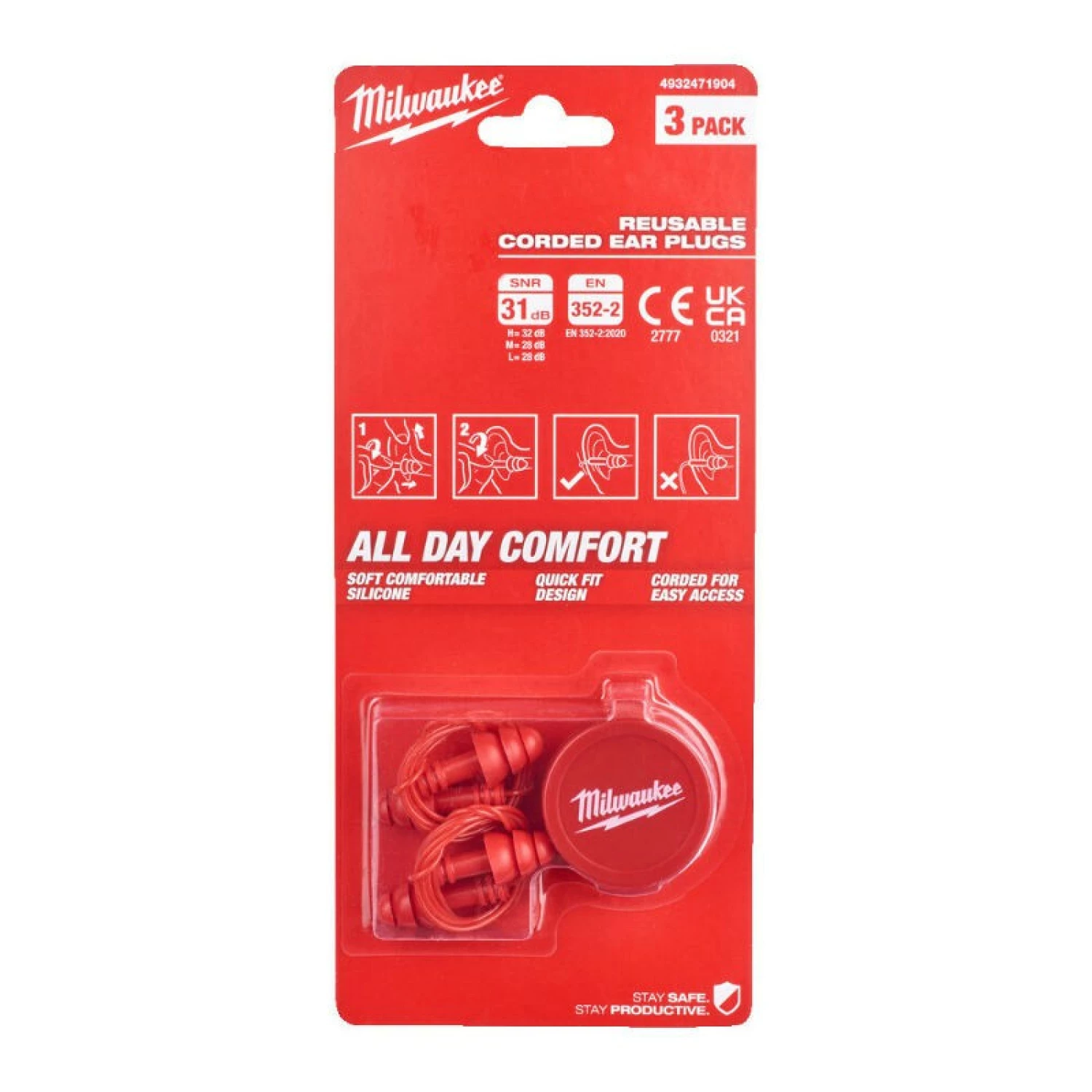 Milwaukee 4932471904 Herbruikbare siliconen oordoppen aan koord (3-pack) - SNR 31dB