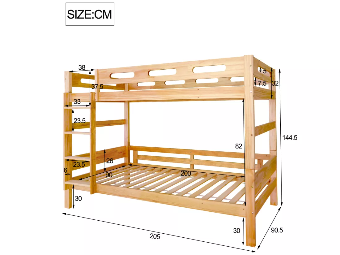 Lit superposé - 2x90x200 cm - cadre en pin - sommier inclus - coloris naturel