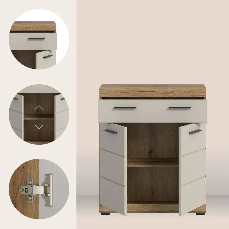 Hioshop Scout badkamerkast 2 deuren- 1 lade kasjmier decor mat- eiken decor
