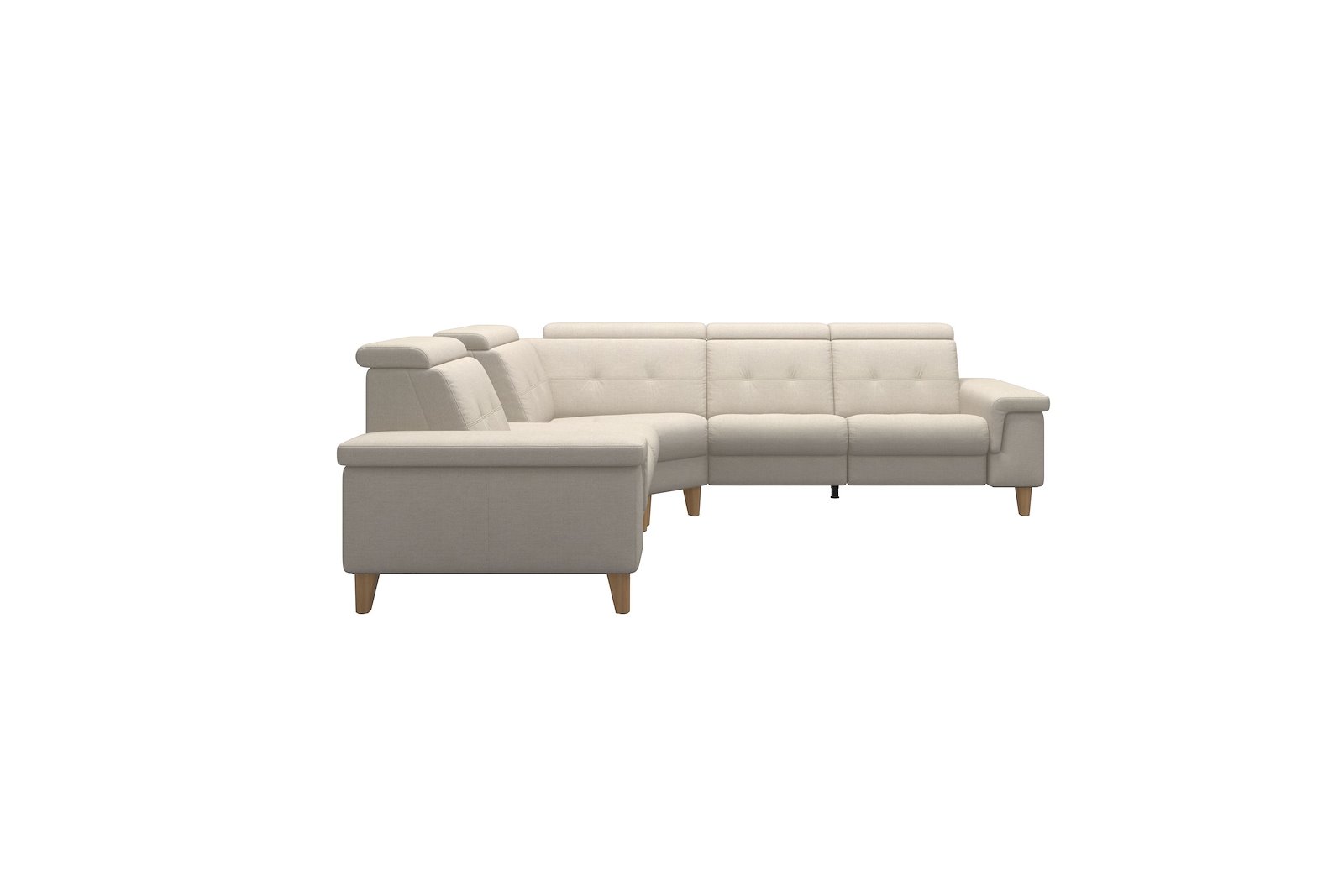 Anna C12 hjørnesofa (PCenterCMM) Tekstil Daisy Sand med A2 arm og eikbeisede skrå ben, 14 cm. (Power-Center-CornerManual-Manual)