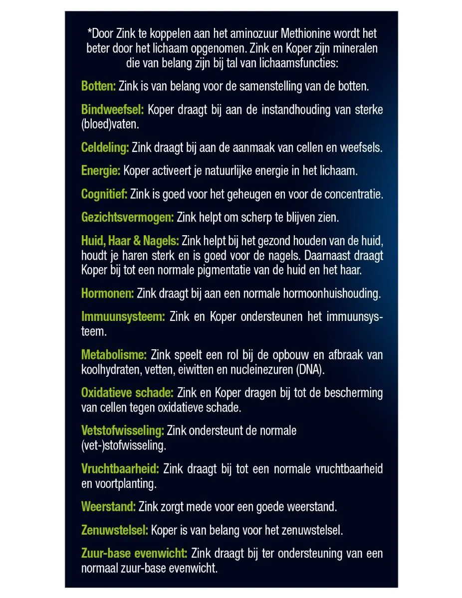 Zinkmethionine & Koper 60 tabletten