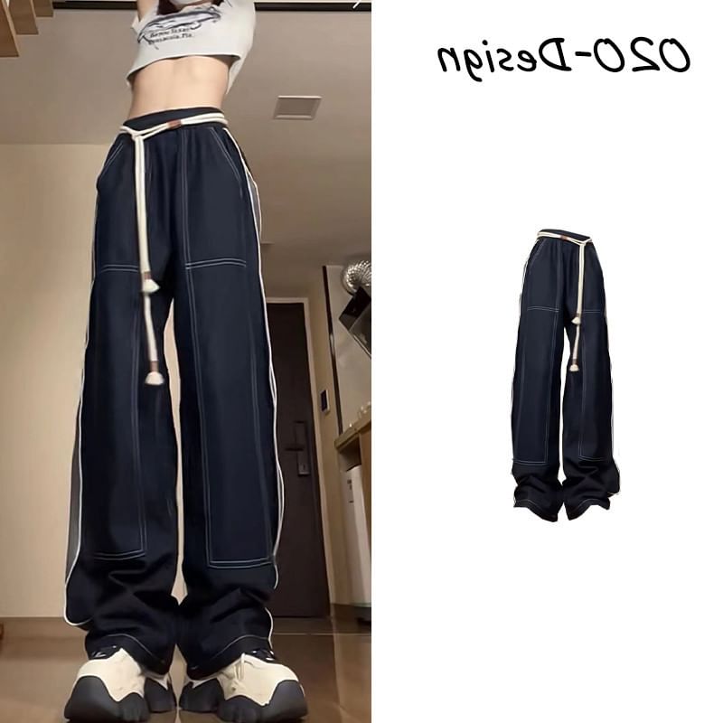 wingsira - High Rise Contrast Trim Wide Leg Jeans