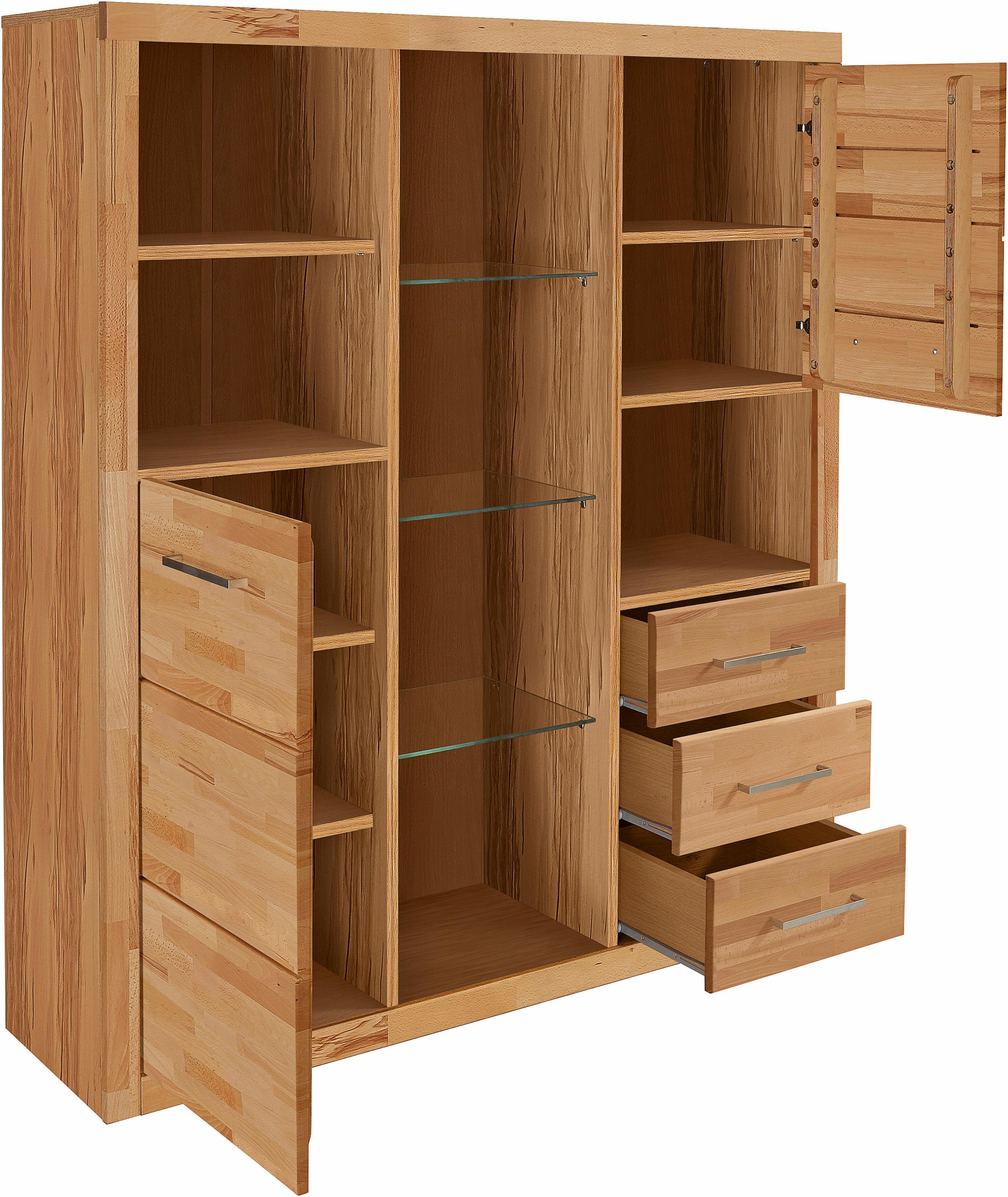Home affaire Highboard »Ribe,130cm breit145cm hoch,Fronten Massivholz,12 Fächer« Korpus  aus Holzwerkstoff, Metall Griffe,Böden versetzbar