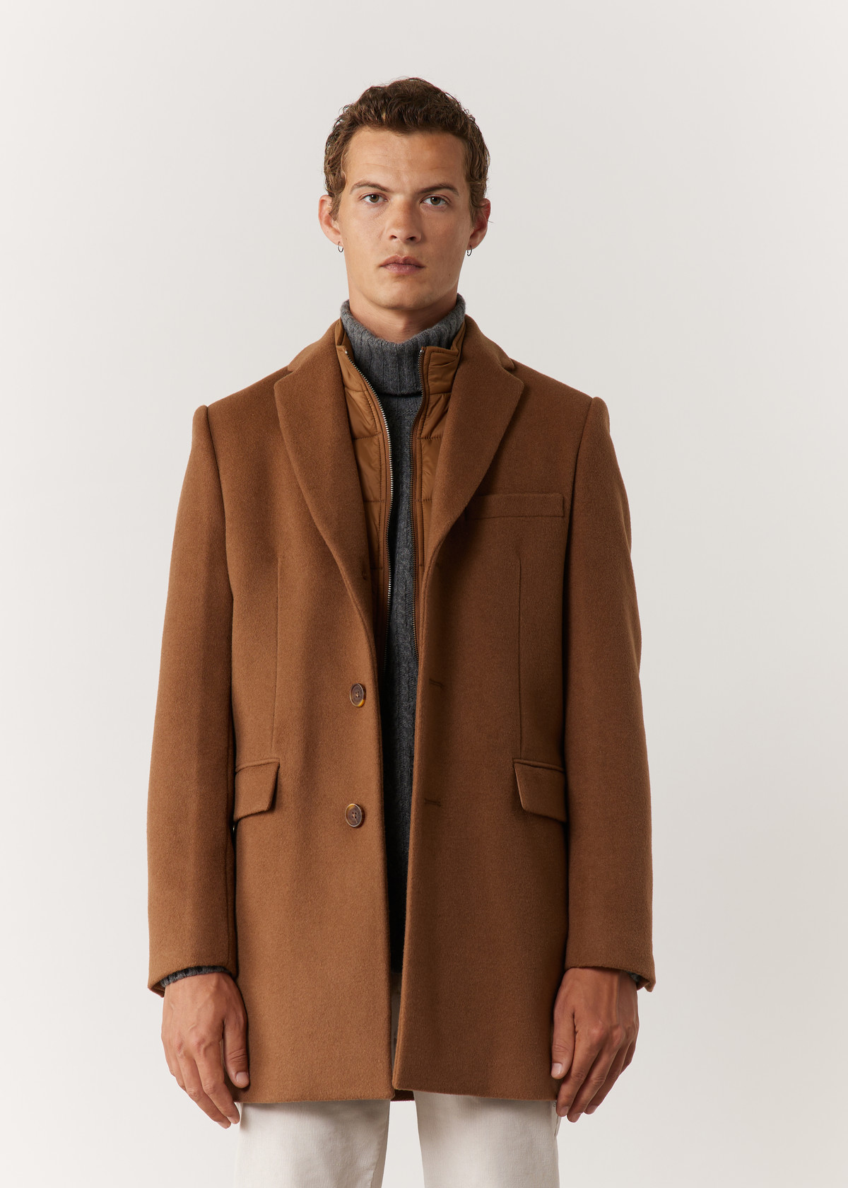 Manteau en laine mélangée unie cognac à parementure amovible