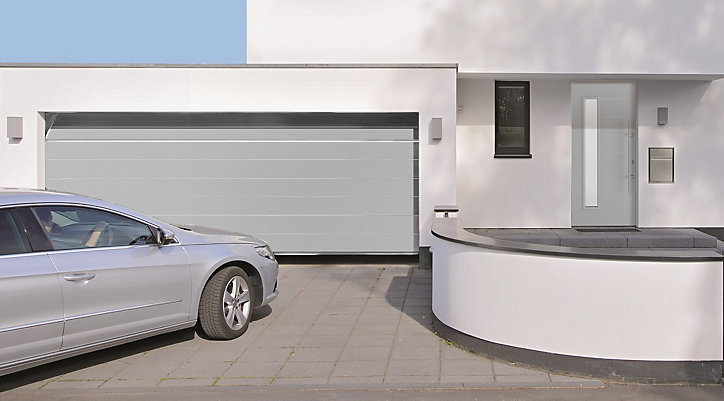 Porte de garage sectionnelle acier EcoStar WoodGrain blanc aluminium RAL 9006 - l.300 x h.200 cm - motorisée