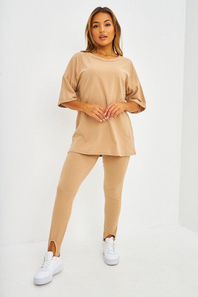 Ensemble beige chiné 2 pièces t-shirt oversize + legging fuseau