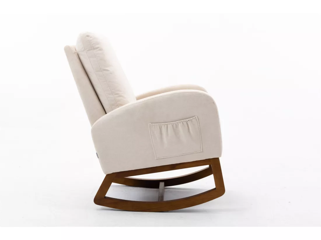 Fauteuil à bascule en tissu avec 1 poche latérale + accoudoirs et dossier rembourré, pieds en bois massif naturel, beige
