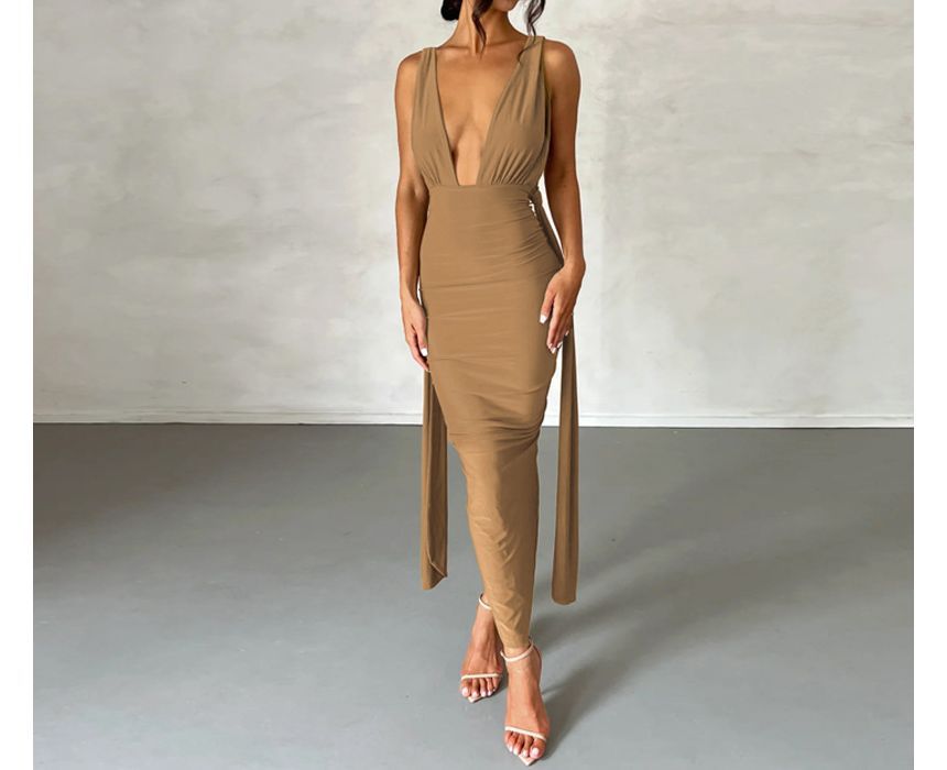 Sheparon - Strappy V-hals maxi bodyconjurk met open rug en split