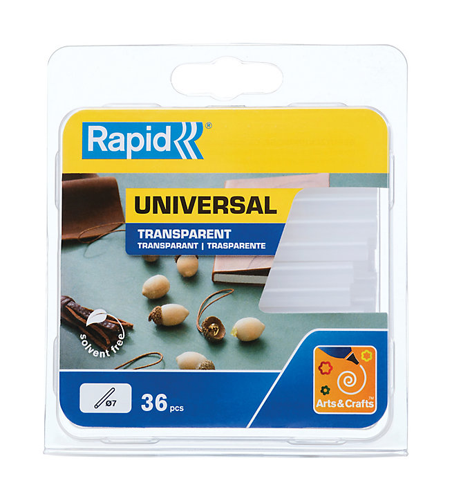 Bâtons de colle transparente universelle 7 mm. Paquet de 36 bâtons courts.