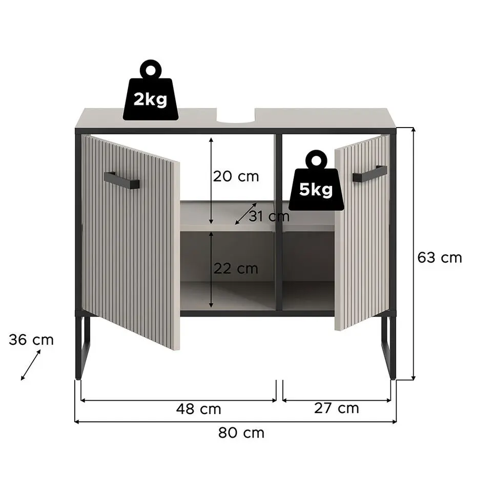Hioshop Bagno wastafel 2 deuren lichtgrijs- crèmekleurig