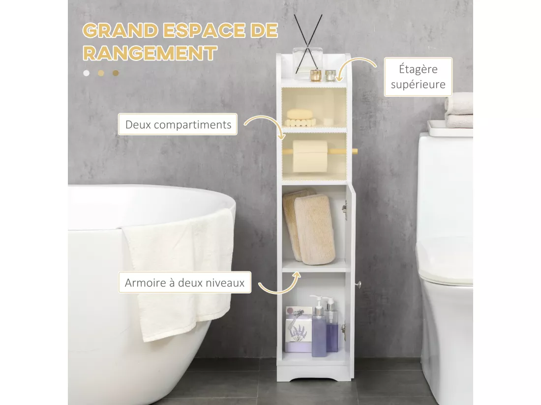 Meuble WC armoire toilette - porte, 2 étagères, niche, support papier - dim. 23L x 18l x 100H cm - blanc